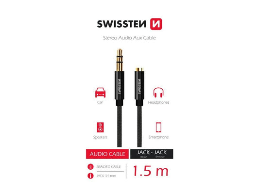 SWISSTEN STEREO AUDIO AUX CABLE - JACK MALE TO JACK FEMALE - 1.5M