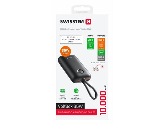 SWISSTEN POWER BANK 10000MAH - BUILT-IN TYPE-C AND LIGHTNING CABLE - VOLTBOX 35W