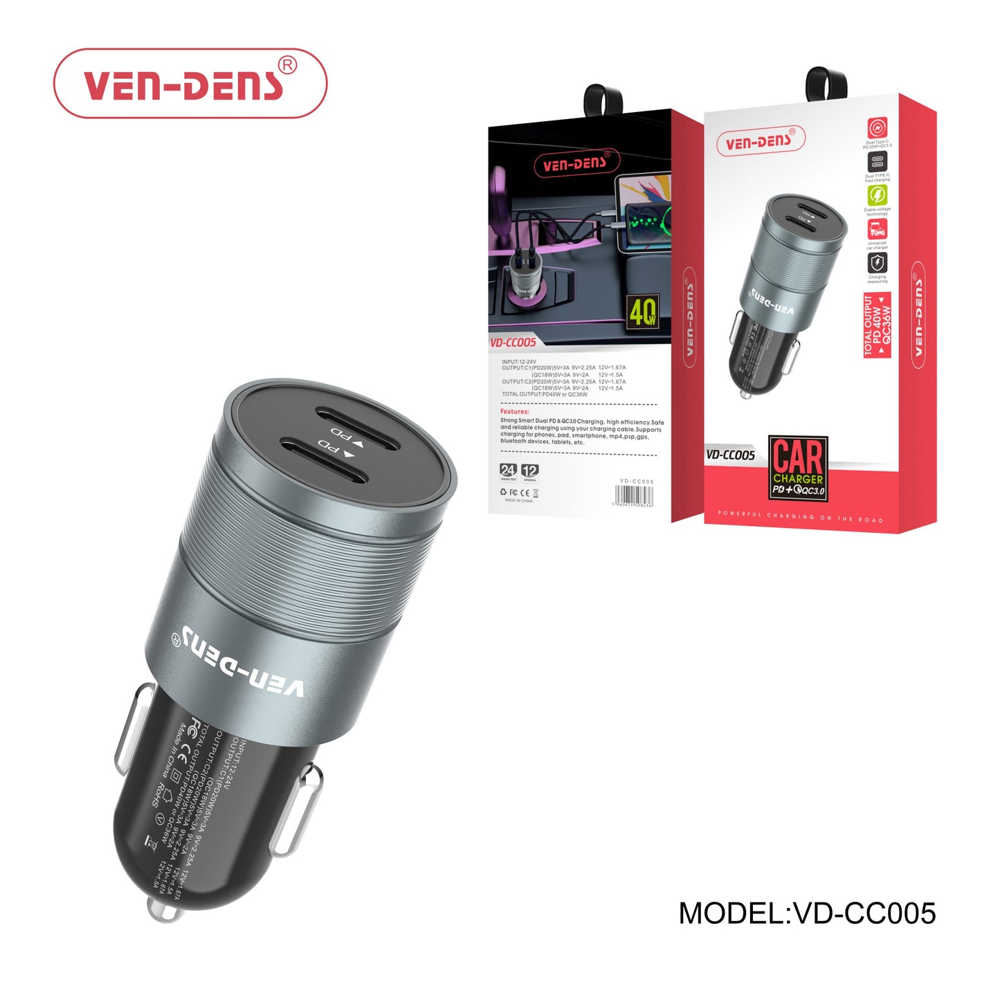 VEN-DENS - DUAL TYPE C - FAST CAR CHARGER