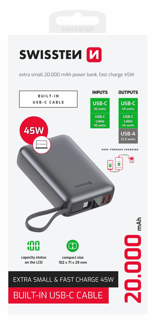 SWISSTEN POWER BANK 20000MAH - BUILT-IN - EXTRA SMALL - FAST CHARGE - USB-C
