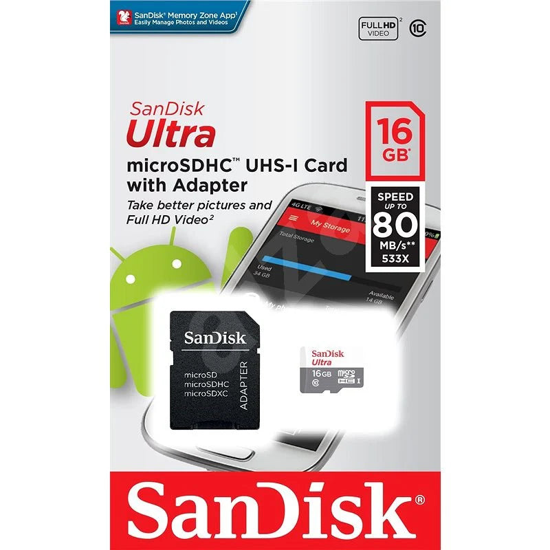 SANDISK MICRO SD CARD + ADAPTER 16GB