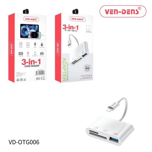 VEN-DENS 3 IN 1 USB + SD + TF CARD READER LIGHTNING ADAPTER